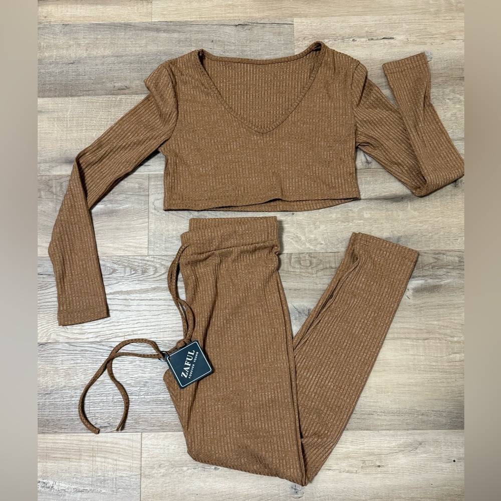 Zaful Brown Ribbed Knit Set